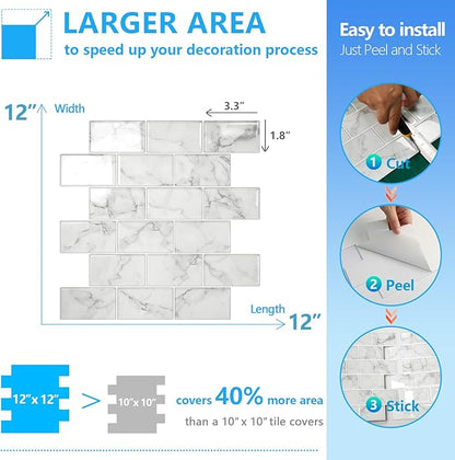 STICKGOO 10-Sheet Subway Tiles Peel and Stick Backsplash, Marble Look Stick on Tiles Kitchen Backsplash (Thicker Design)