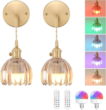 Shenmoyl Battery Operated Wall Sconce with Amber Tulip Shade Pattern Glass Adjustable Chain Retro Gold Wall Mounted Light, Modern Wall Decor for Bedside Bedroom Indoor Doorway， Set of 2