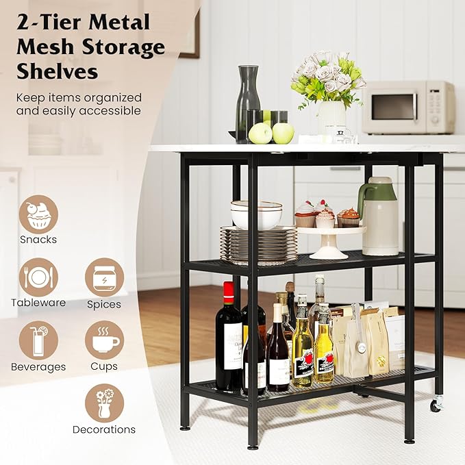 Giantex 40" Folding Dining Table with Lockable Wheels, Storage Shelves, Space-Saving Drop Leaf, Movable & Expandable Round Kitchen Table for Dinette Small Place Apartment Living Room (White)