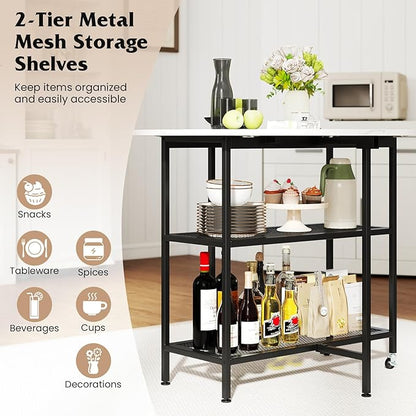 Giantex 40" Folding Dining Table with Lockable Wheels, Storage Shelves, Space-Saving Drop Leaf, Movable & Expandable Round Kitchen Table for Dinette Small Place Apartment Living Room (White)