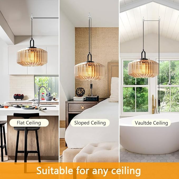 Amber Plug in Pendant Light, Hanging Lamps for Living Room Plug in Glass Globe Pendant Light, Modern Plug in Cord Pendant Hanging Light with 14.7 ft Cord On/Off Switch Striped Glass Shade