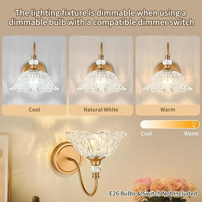 1 Piece Vintage Wall Sconce with Floral Clear Glass Shade, Matte Deep Brass Finish Wall Mount Lighting for Bathroom,Vintage Bathroom Vanity Light Fixture