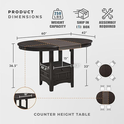 Lexicon Meyer 60 Inch Bar Table - Round Counter Height Small Kitchen Table for 2-4, Solid Wood, Oval Extendable Leaf for Small Dining Room, Storage Space, Shelf, Easy Assembly, Dark Cherry Brown