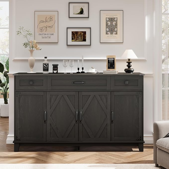 Farmhouse Buffet Cabinet with Drawers, 55" Large Sideboard Kitchen Buffet Storage Cabinet with 3 Adjustable Shelves and Doors Heightened Table Wood Coffee Bar for Kitchen Living Room, Black