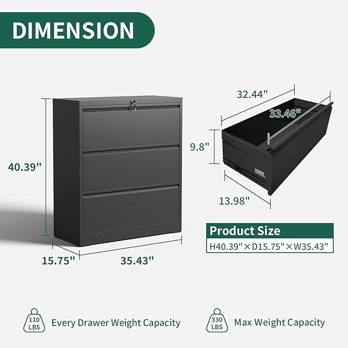 Lateral 3 Drawer File Cabinet with Lock, Metal Large-capacity Fully Extendable Drawers for Home Office, Adjustable Hanging Rods for A4/Legal/Letter Sizes, Anti-tipping Design, Require Assembly, Black