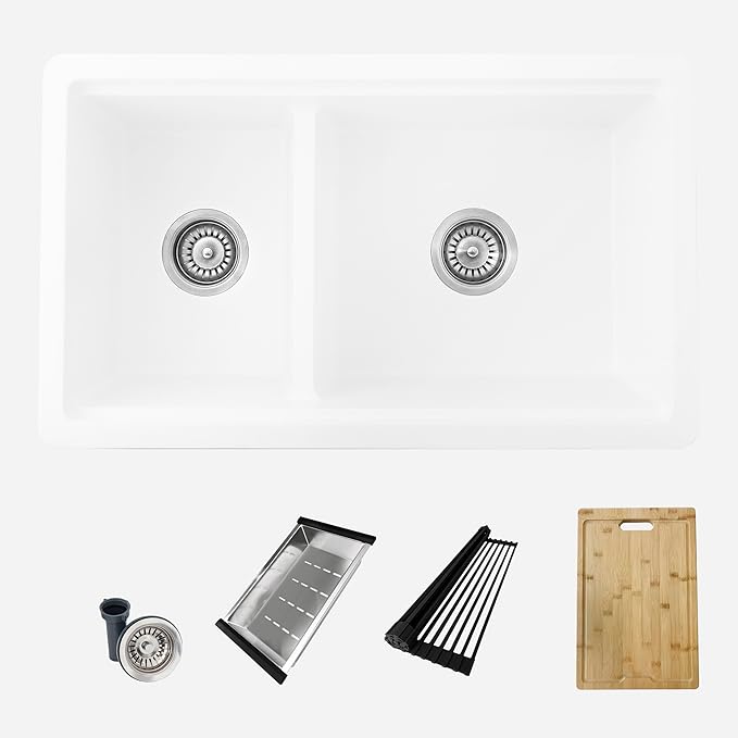 Stylish 30 x 18 Inch Composite Granite Workstation Kitchen Sink, 60/40 Double Bowl Under Mount & Drop in, 9.5 in Deep, Reversible, with Cutting Board, Colander, Colander & Strainer, White, S-831WH