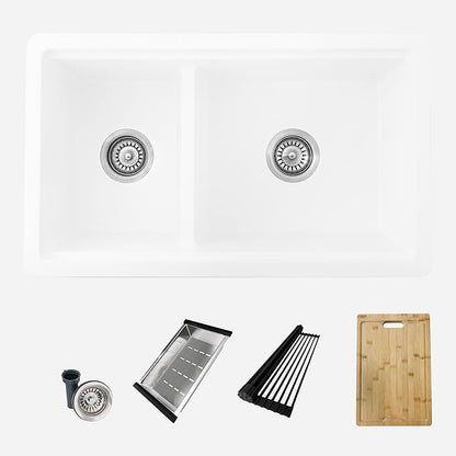Stylish 30 x 18 Inch Composite Granite Workstation Kitchen Sink, 60/40 Double Bowl Under Mount & Drop in, 9.5 in Deep, Reversible, with Cutting Board, Colander, Colander & Strainer, White, S-831WH