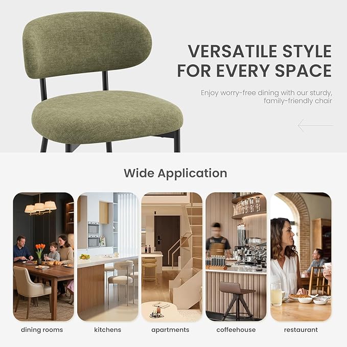 Upholstered Dining Chairs Set of 6, Modern Fabric Kitchen Chairs with Curved Backrest and Cushioned Seat, Sturdy Metal Legs, Comfortable Accent Chairs for Kitchen Dining Room, Living Room,Green