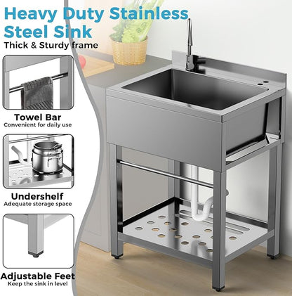Stainless Steel Utility Sink, 25 Inch Single Bowl Kitchen Sink with Cold Hot Water Pipe Standard P-trap Drainge for Laundry Room Pet Care Farmhouse
