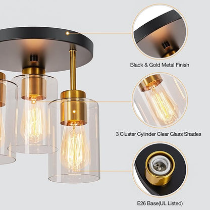 Black and Gold Flush Mount Ceiling Light 3-Light Black Semi Ceiling Light Fixture with Clear Glass Shades, Farmhouse Industrial Gold Brass Kitchen Ceiling Lights for Hallway Entryway Bedroom