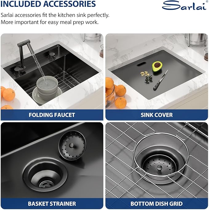 Sarlai Black Undermount Bar Sink With Foldable Faucet - 21x19 Inch Outdoor Black Kitchen Sink RV Workstation 16 Gauge Stainless Steel Single Bowl Handmade Outdoor BBQ Sinks with Lid