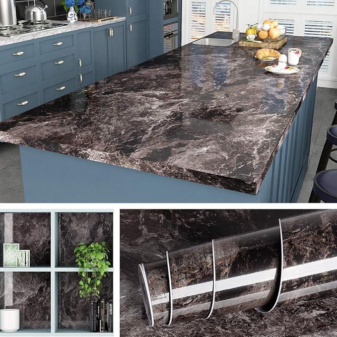 Livelynine 197 x 24 Inch Wide Dark Marble Wallpaper Peel and Stick Countertops Waterproof Contact Paper for Countertops Desk Table Kitchen Counter Top Covers Countertop Wrap,Home Renovation Items