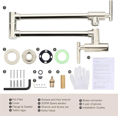WOWOW Pot Filler Faucet Polished Nickel, Solid Brass Pot Filler Wall Mount Kitchen Stove Faucet with Double Joint Swing Arms
