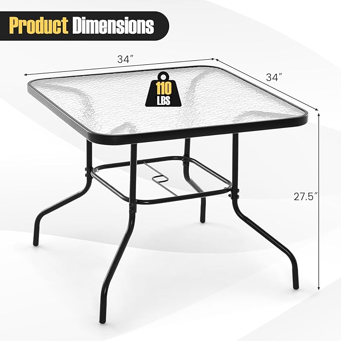 Giantex 34 Inch Outdoor Dining Table, Square Tempered Glass Table w/ 1.5” Umbrella Hole, Rustproof Metal Frame, Patio Dining Table for Balcony, Porch, Garden