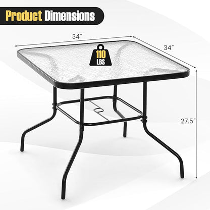 Giantex 34 Inch Outdoor Dining Table, Square Tempered Glass Table w/ 1.5” Umbrella Hole, Rustproof Metal Frame, Patio Dining Table for Balcony, Porch, Garden