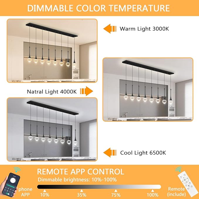 Rectangular Crystal Pendant Lights for Kitchen Island 8 Light Dimmable Crystal Chandelier Lighting Fixtures with Remote for Dining Room Living Room Black