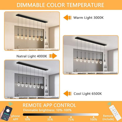 Rectangular Crystal Pendant Lights for Kitchen Island 8 Light Dimmable Crystal Chandelier Lighting Fixtures with Remote for Dining Room Living Room Black