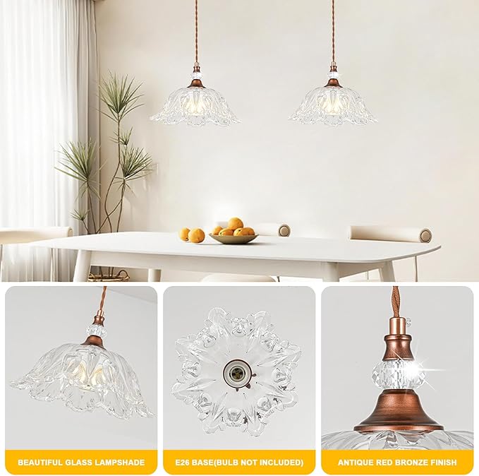 1 Piece Vintage Chandelier Light Fixtures with Crystal Glass Shade, Antique Red Bronze Finish Pendant Light for Kitchen Island, Hanging Light Fixture for Dining Room, Hallway, Living Room, Bedroom