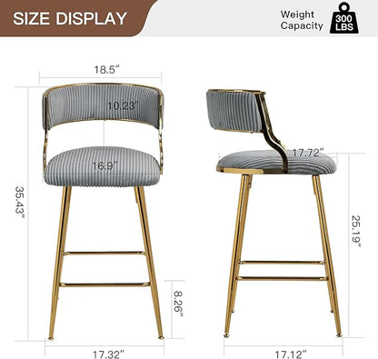2-Pack Grey Corduroy Counter Height Bar Stools with Back, Golden Chrome Base and Footrest, Modern Kitchen Island Stools Set of 2, Upholstered Dining Stools for Home, Office, Cafe