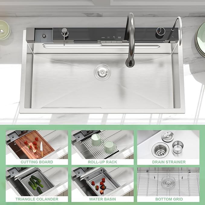 36 Inch Waterfall Kitchen Sink - Beslend 36x19 Drop In Waterfall Sink Stainless Steel Workstation Modern Smart Sinks 16 Gauge Single Bowl with Faucet Combo, Digital Display and Fancy Ambient Light BSL