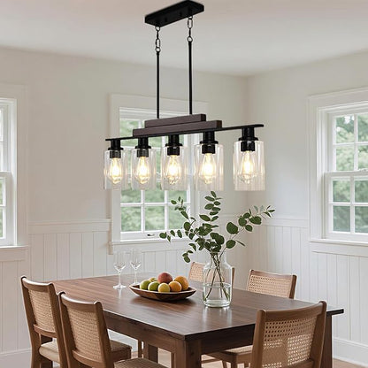 COTULIN 5-Light Farmhouse Kitchen Island Lighting, Dining Room Light Fixture, Rustic Wood Linear Chandelier Hanging, Black Pendant Light with Adjustable Rods and Clear Glass Shades