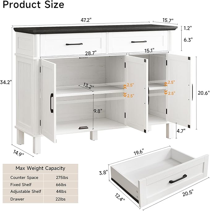 48 Inches Buffet Cabinet with Storage, Farmhouse Sideboard Buffet w/2 Drawers and 3 Doors, Wood Coffee Bar Cabinet with Adjustable Shelves, Sideboard Storage for Kitchen, Living Room, Off White&Black