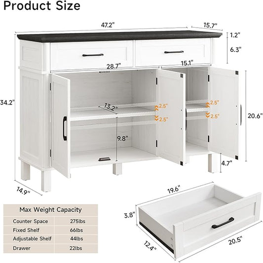 48 Inches Buffet Cabinet with Storage, Farmhouse Sideboard Buffet w/2 Drawers and 3 Doors, Wood Coffee Bar Cabinet with Adjustable Shelves, Sideboard Storage for Kitchen, Living Room, Off White&Black
