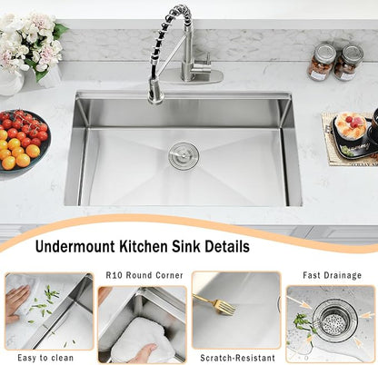 WHaor 30 Inch Undermount Kitchen Sink, 30x19 Stainless Steel Single Bowl Workstation 16 Gauge Handmade 10" Deep Modern Under Counter Sink with Accessories