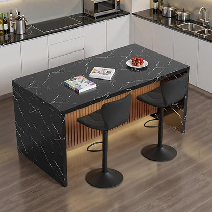 67" Large Modern Rectangle Dining Table for 4-6 People, Imitation Marble Island Table with LED Lights for Kitchen,Dining Room, Bar, Office, Living Room (Black)