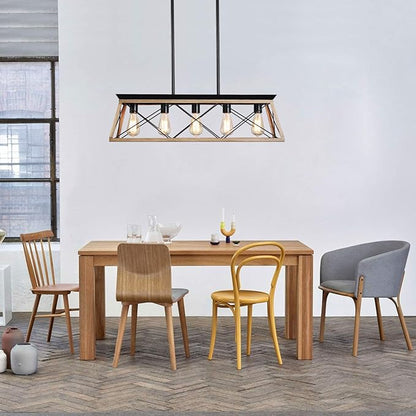 Farmhouse Chandeliers for Dining Room, Rustic Kitchen Island Light Fixture, 5-Light Linear Pendant Lighting Rectangular Chandelier, Metal Solid Ceiling Lights