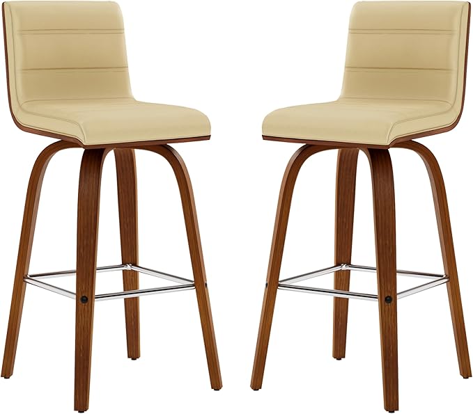 Vienna 26" Swivel Counter Stool in Walnut Wood Finish with Cream Faux Leather - Set of 2
