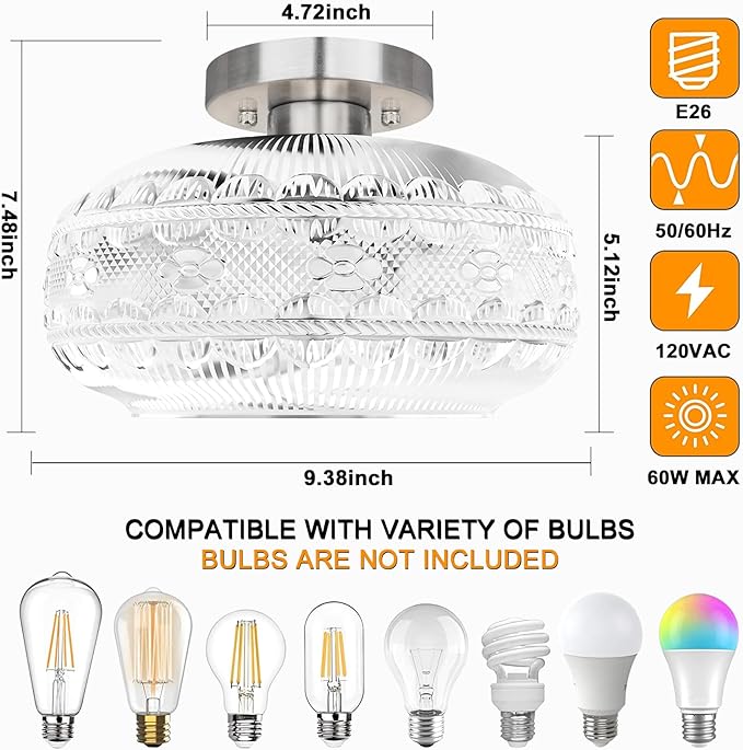 Semi Flush Mount Light Fixture, Brushed Nickel Hallway Lights, Globe Glass Ceiling Lamp, Industrial Kitchen Farmhouse Lighting for Entryway Bathroom Bedroom, Bulb Not Included