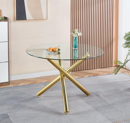 43.3'' Round Glass Dining Table,Modern Kitchen Table for 2-6 People,Dining Room Table with Tempered Glass Top and Metal Legs for Kitchen Apartment