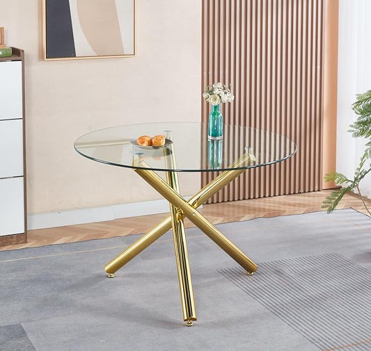 43.3'' Round Glass Dining Table,Modern Kitchen Table for 2-6 People,Dining Room Table with Tempered Glass Top and Metal Legs for Kitchen Apartment