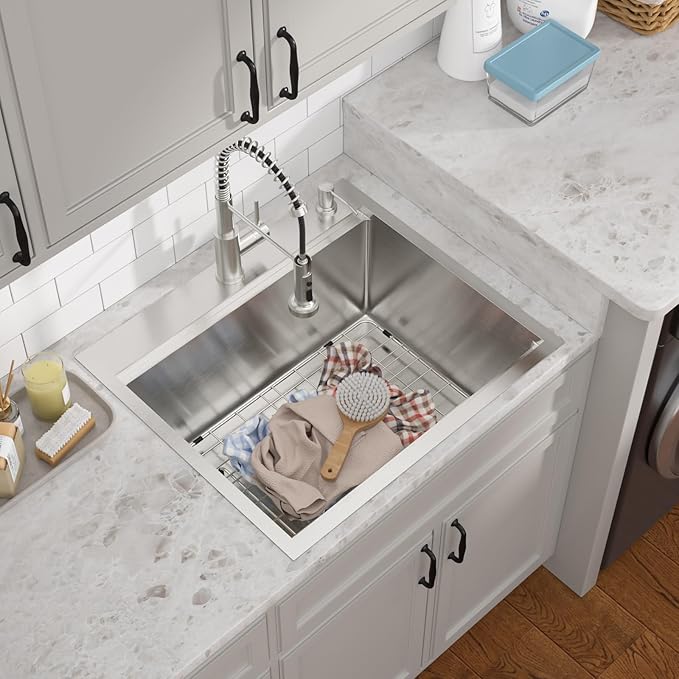 Outdoor Kitchen Sink - Drop In Utility Sink with Faucet Combo 25x22x12 Topmount Workstation 16 Gauge Stainless Steel Single Bowl Sinks for Laundry Room, Outdoor, Garage #TLT-0063