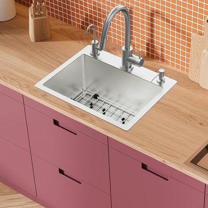 Kitchen & Bar Sink,19.7x15.7Inch Stainless Steel Drop In Small Kitchen&Bar Sink Ideal Choice For Small Space With Bottom Grid,Drain Basket And Drain Assembly Serve Both Kitchen&Bar