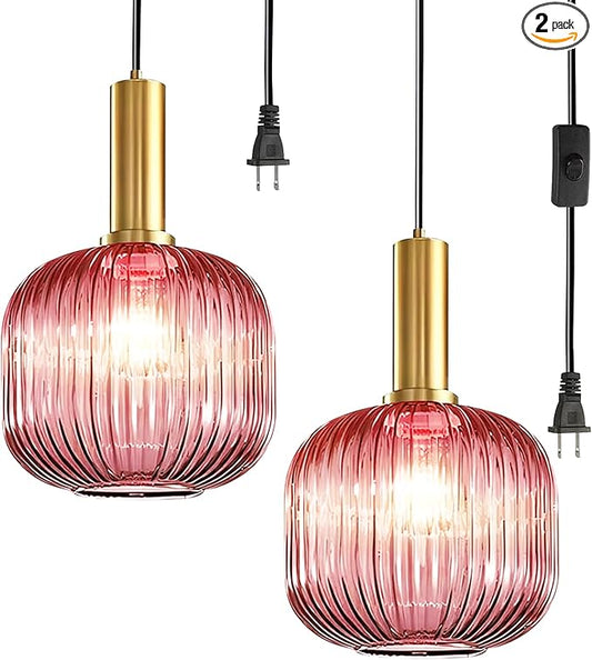 Hanging Pendant Light Plug in 2 Pack, Mid Century Modern Gold Hanging Lights with 14.75Ft Plug in Cord, Pink Striped Glass Ceiling Hanging Lamp for Kitchen Dining Room Living Room Bedroom