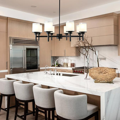 8-Light Farmhouse Chandelier for Dining Room Kitchen Island,Black Modern Pendant Lighting with White Frosted Glass Shades,Industrial Metal Hanging Ceiling Light Fixture for Bedroom Hallway