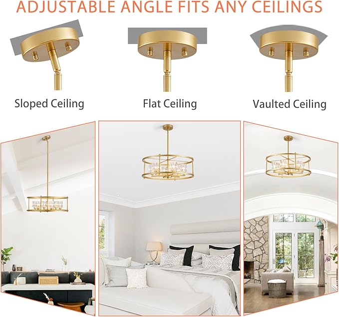 21.7" Round Gold Chandelier Ceiling 6-Light Modern Pendant Lighting Fixture Adjustable Height Chandeliers with Glass Lampshade for Bedroom Dining Room Kitchen Foyer