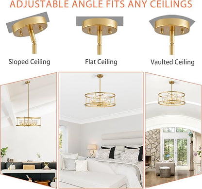 21.7" Round Gold Chandelier Ceiling 6-Light Modern Pendant Lighting Fixture Adjustable Height Chandeliers with Glass Lampshade for Bedroom Dining Room Kitchen Foyer