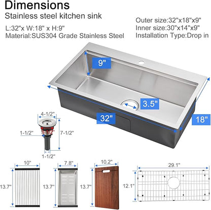 MENATT 32 Inch Drop In Kitchen Workstation Sink, 18 Gauge Stainless Steel Single Bowl Single Faucet Hole Topmount Kitchen Sink with Integrated Ledge (Bruhsed),32"x18"x9"
