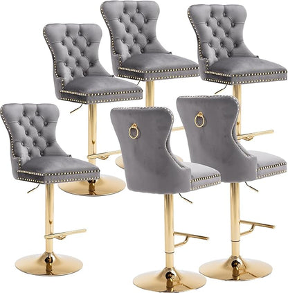 Rhomtree 27-36 Inch Swivel Bar Stools, Adjustable Counter Height Barstools with Tufted High Back & Ring Pull Golden Footrest, Upholstered Bar Chairs for Home Bar Kitchen Island(Grey Set of 6)