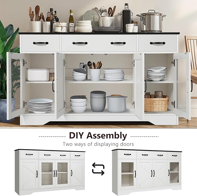 Likein Sideboard Buffet Cabinet with Storage - 55" Kitchen Storage Display Cabinet with 4 Drawers and Glass Doors, 15.8" D Farmhouse Wood Buffet Table Coffee Bar Cabinets for Entryway Living Room