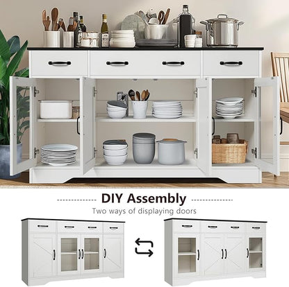 Likein Sideboard Buffet Cabinet with Storage - 55" Kitchen Storage Display Cabinet with 4 Drawers and Glass Doors, 15.8" D Farmhouse Wood Buffet Table Coffee Bar Cabinets for Entryway Living Room