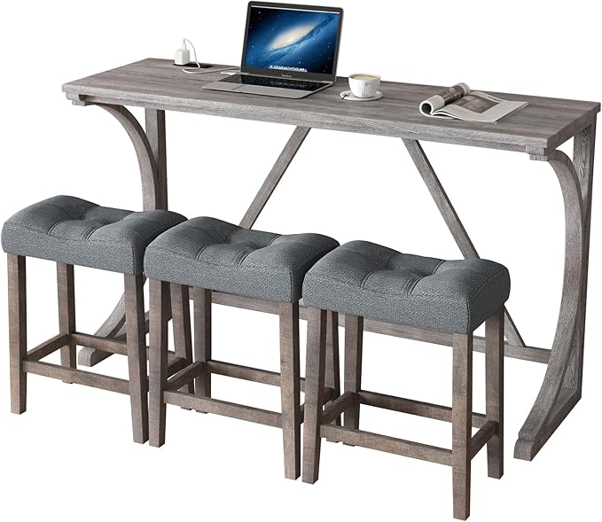 HMFULE 4 Piece Bar Table Set with Power Outlet, 59'' Dining Bar Table and Chairs Set, Industrial Breakfast Table with 3 Padded Stools for Living Room Dining Room Game Room Grey