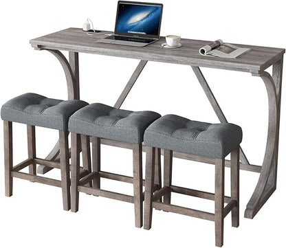 HMFULE 4 Piece Bar Table Set with Power Outlet, 59'' Dining Bar Table and Chairs Set, Industrial Breakfast Table with 3 Padded Stools for Living Room Dining Room Game Room Grey