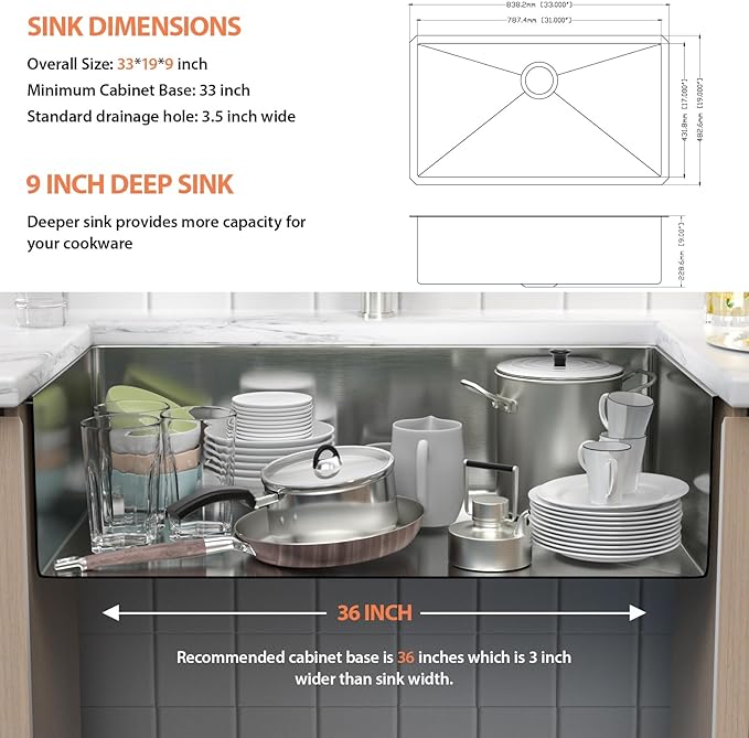 33 Inch Undermount Kitchen Sink 18 Gauge Stainless Steel Under Counter Sink Single Bowl Deep Handmade Single Bowl Kitchen Sink,33"x19"x9"