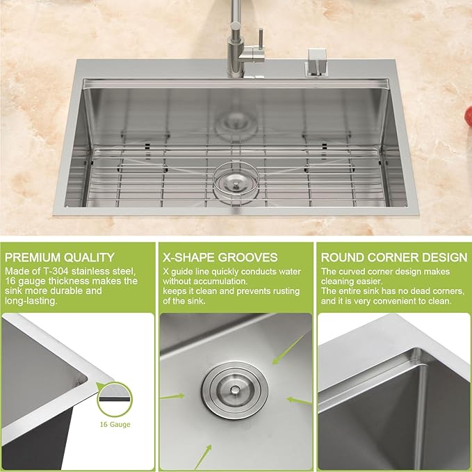 33x22 Drop In Kitchen Sink Workstation - MERYIAO 33 Inch Stainless Steel Sinks Topmount 16 Gauge Single Bowl Above Counter 9" Deep Sinks with Accessories