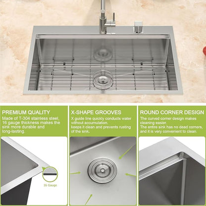 33x22 Drop In Kitchen Sink Workstation - MERYIAO 33 Inch Stainless Steel Sinks Topmount 16 Gauge Single Bowl Above Counter 9" Deep Sinks with Accessories
