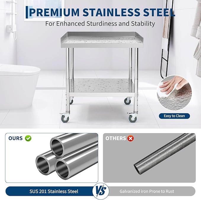 Garvee Stainless Steel Table,Heavy-Duty Prep Table with Non-Removable Backsplash,Versatile Commercial Worktable with 4 Wheels for Kitchens&Restaurants,30 * 30 * 30Inch (30 * 30 * 30inch)